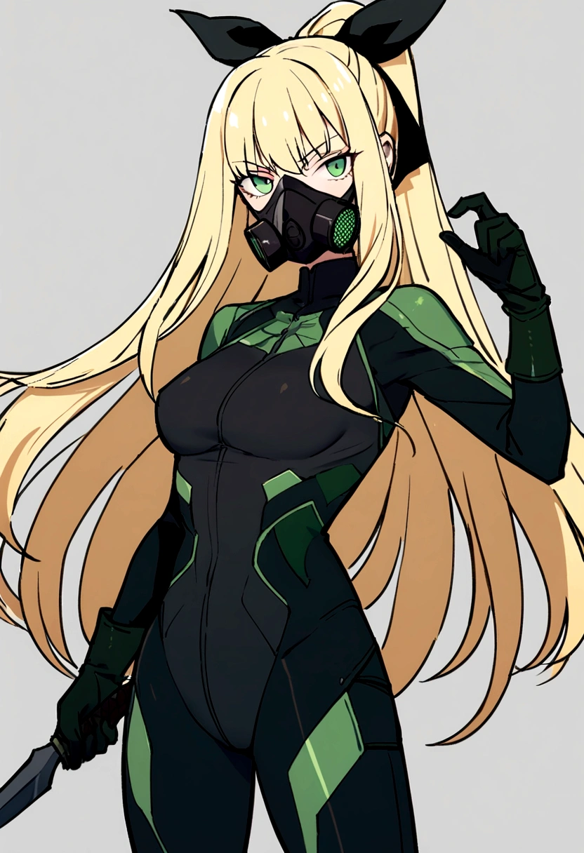 slender, mature female, 1girl, rating:safe, blonde_hair, solo, weapon, hair_ribbon, dagger, bodysuit, ribbon, long_hair,green_eyes, looking_at_viewer, gloves, standing, small_breasts, cowboy_shot, holding, breasts, holding_weapon, black_ribbon, gas_mask, skin_tight, holding_dagger, covered_mouth, knife, battle_knife, bangs