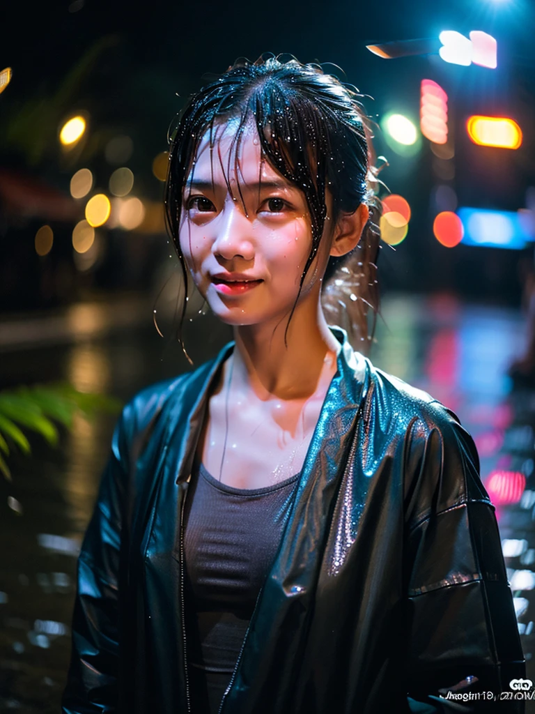 songkran,Wet roads , soaked through,drenched, Dripping, Wet Face,Wet clothes, Wet Skin, Wet Hair,A young woman with a cute face like an idol,chest,(Cinema lighting),(High level of artistry),RAW Photos,Genuine,Genuine,High resolution,RAW Photos,masterpiece, beautiful
