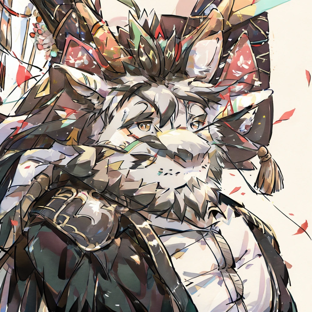 (white eastern dragon),furry,white mustache,big pecs,hearty males,muscular,black imperial robe,adult,traditional_chinese_room,head portrait