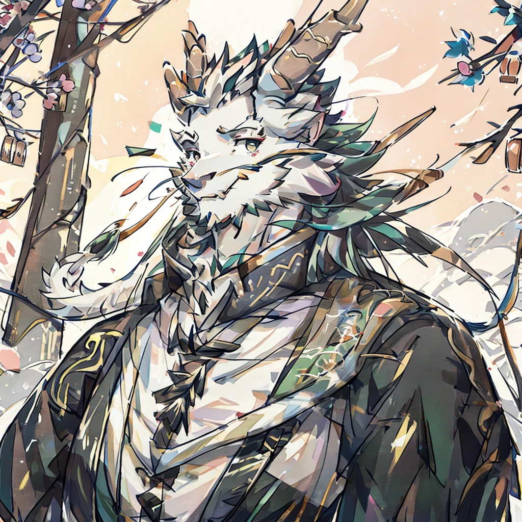 (white eastern dragon),furry,white mustache,big pecs,hearty males,muscular,black imperial robe,adult,traditional_chinese_room，head portrait