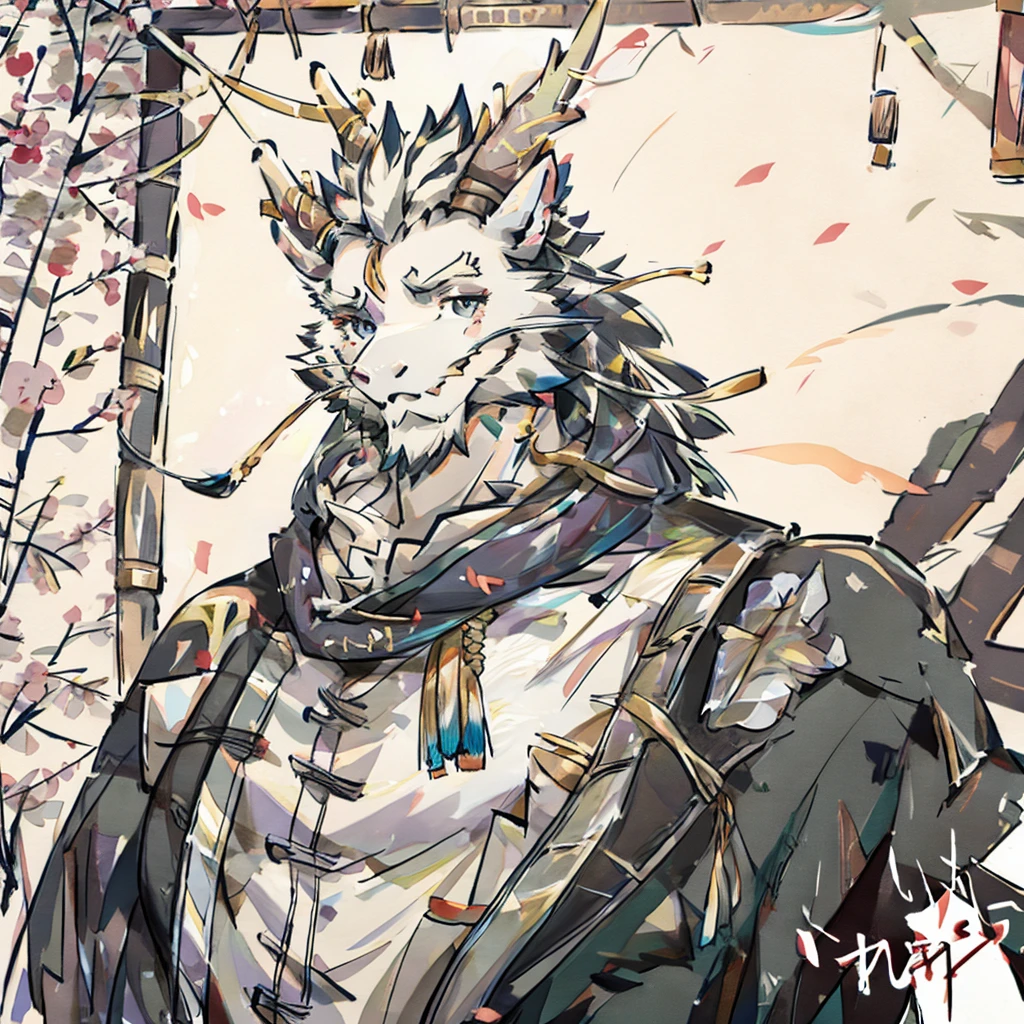(white eastern dragon),furry,white mustache,big pecs,hearty males,muscular,black imperial robe,adult,traditional_chinese_room,head portrait