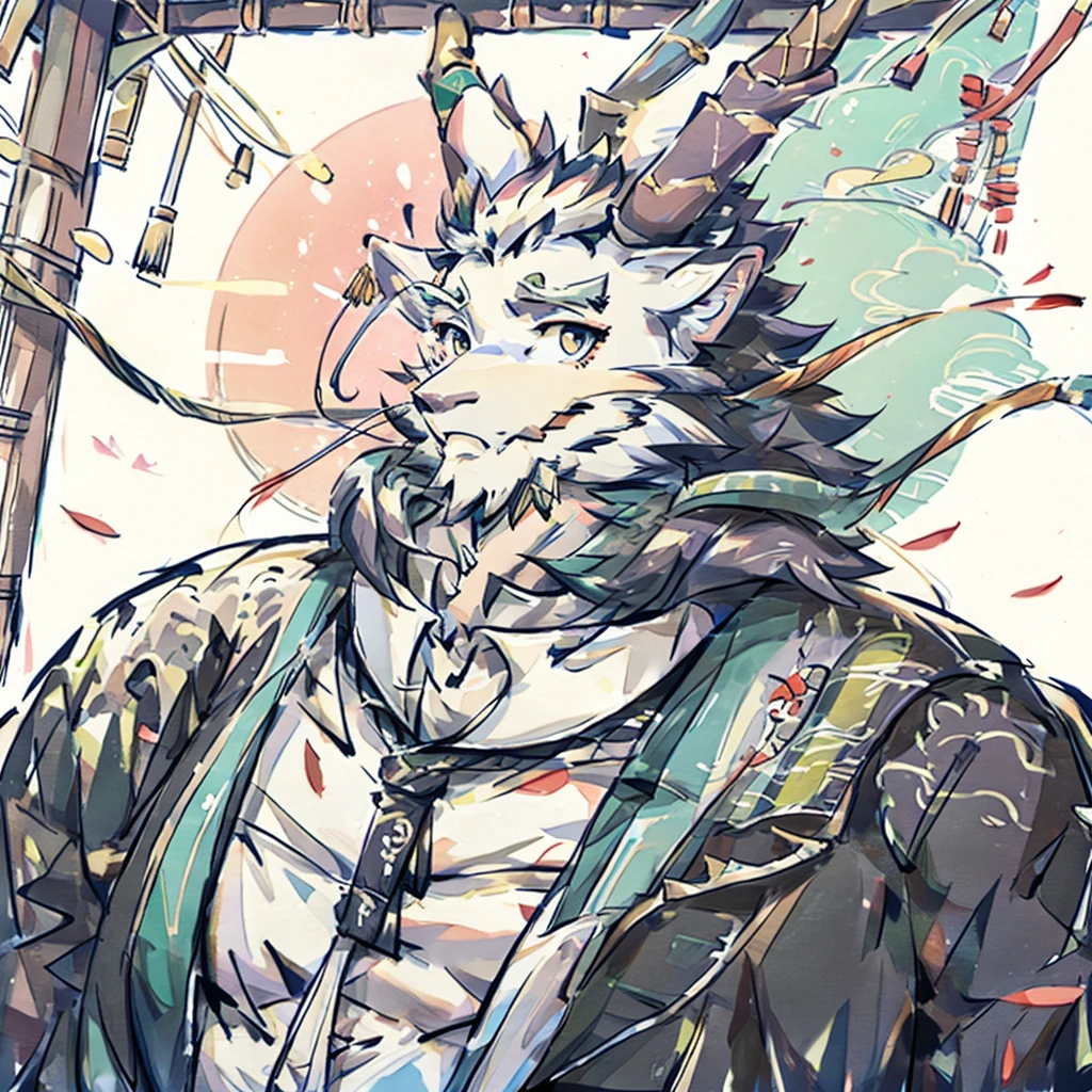 (white eastern dragon),furry,white mustache,big pecs,hearty males,muscular,black imperial robe,adult,traditional_chinese_room,head portrait