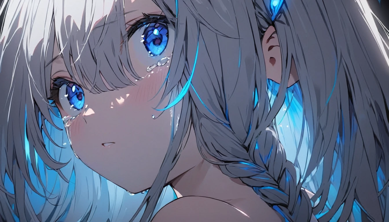 Resolution full, nude, only eyes, only showing eyes, focus eyes, focus at girl eyes, just girl face, very accurate, best quality, masterpiece,  cinematic lighting, full HD, very sharpener, best art, very accurate, beautiful girl, pretty girl, cute girl, young girl, close mouth, top body, (grey hair), long hair, Braid hair, ahoge hair, straight hair, straight hair bangs, beautiful hair and bangs hair, grey hair, hair clip, hair ribbon, Tears, crying, (bright blue eyes, glowing blue, eyes, detailed beautiful blue eyes)