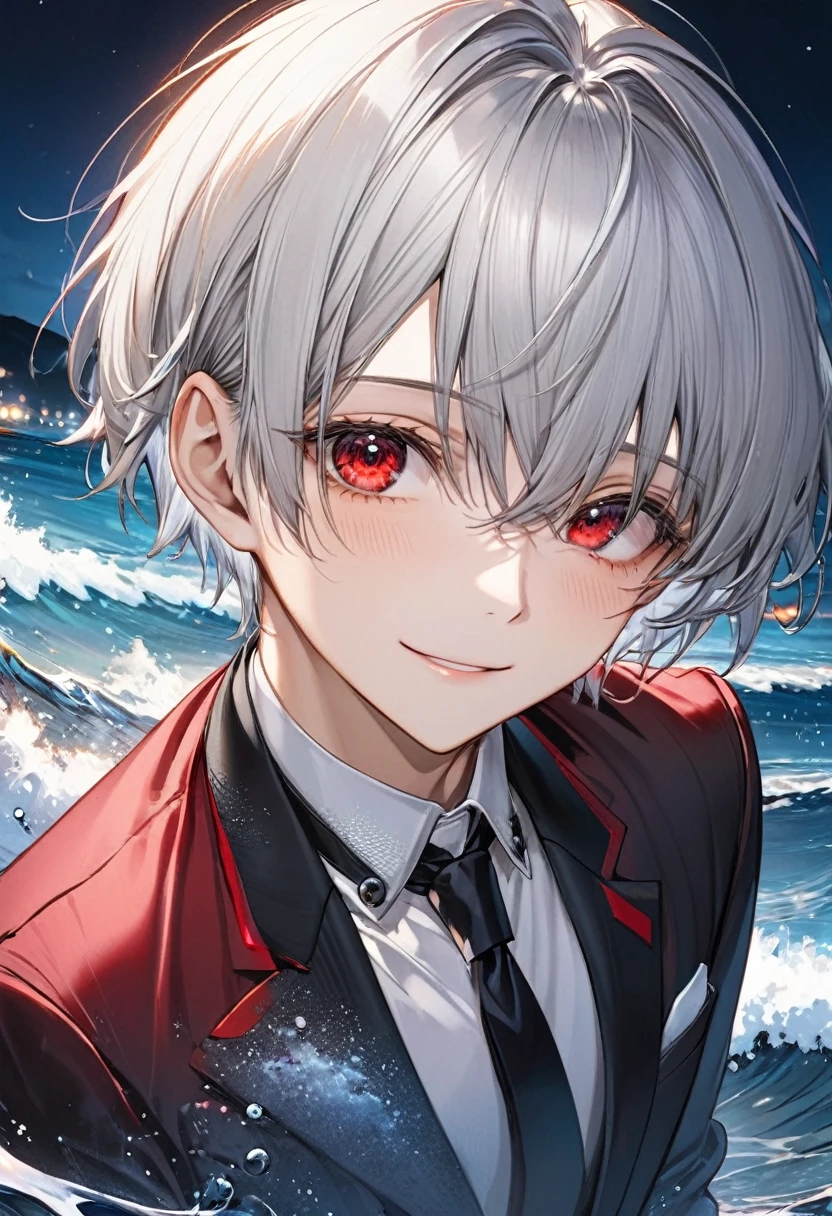 (close-up face), ((16 yo)), (solo:2 crew cut silver hair very short hair divine cool boy, detailed red eyes, soft smile face, flat chest), break, (in a butler suit), break, (in the night, in the open ocean Coastal road), (background detailed beautiful), BREAK, perfect anatomy, masterpiece, best quality, 16k, beautiful detailed night, daydreaming expression.