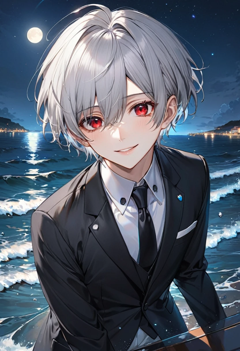 (close-up face), ((16 yo)), (solo:2 crew cut silver hair very short hair divine cool boy, detailed red eyes, soft smile face, flat chest), break, (in a butler suit), break, (in the night, in the open ocean Coastal road), (background detailed beautiful), BREAK, perfect anatomy, masterpiece, best quality, 16k, beautiful detailed night, daydreaming expression.