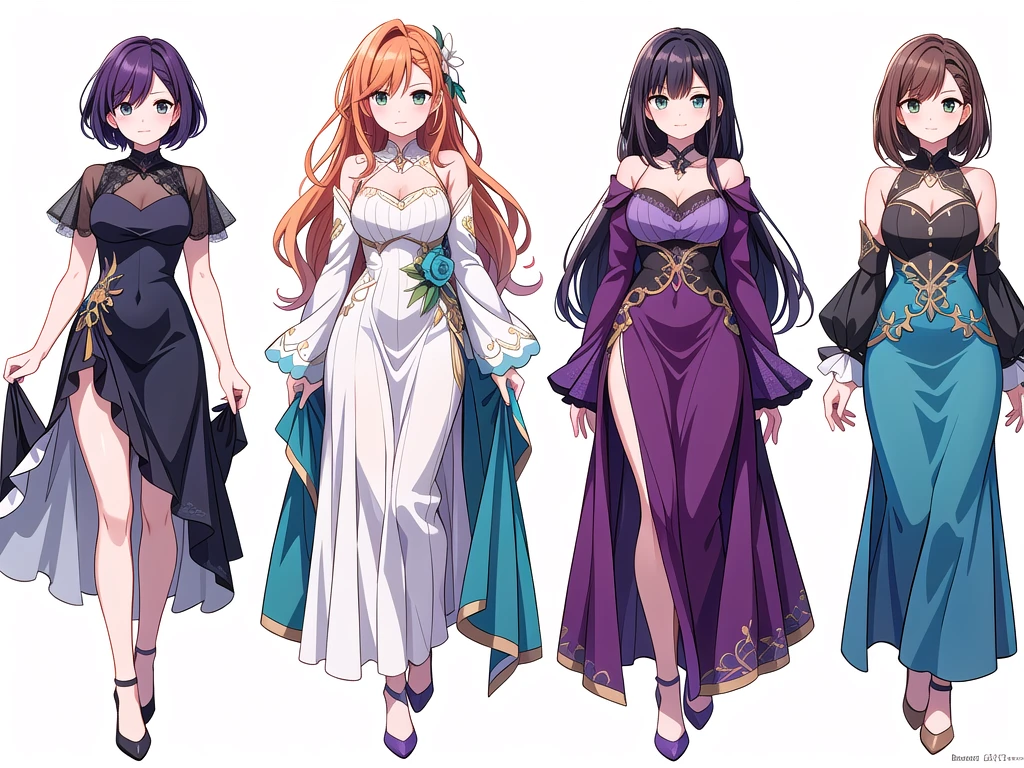 (((Best Quality))) , ((full body)), 4 lady, adult woman, multiple views, white background, variety of hairstyles, variety of fashion styles, seductive pose, fantasy outfit, spring outfits, walk pose, dark blue/dark orange/dark green/dark violet/brown/white, ,