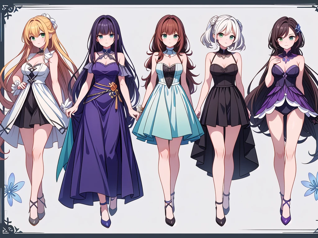 (((Best Quality))) , ((full body)), 4 lady, adult woman, multiple views, white background, variety of hairstyles, variety of fashion styles, seductive pose, fantasy outfit, spring outfits, walk pose, dark blue/dark orange/dark green/dark violet/brown/white, ,