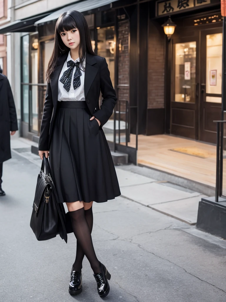 American Chinese, with bangs, Thick hair, Long полосатая кофта, "Long" black skirt, ta shoes, Bruce Wayne's daughter