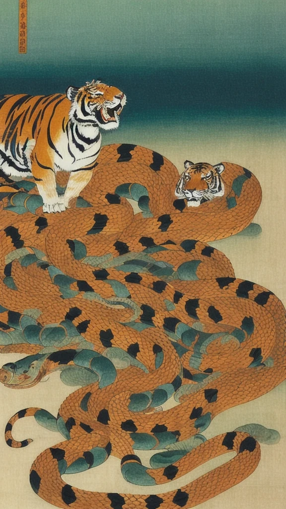 Close-up of a tiger carrying a snake on its back, Kano Tanyou, by Kyosai Kawanabe, Wukong, Manticore, Written by Zhongyuan Nantianfang, sun Wukong, Narasimha, inspired by Kyosai Kawanabe, by Renzaki Domoto