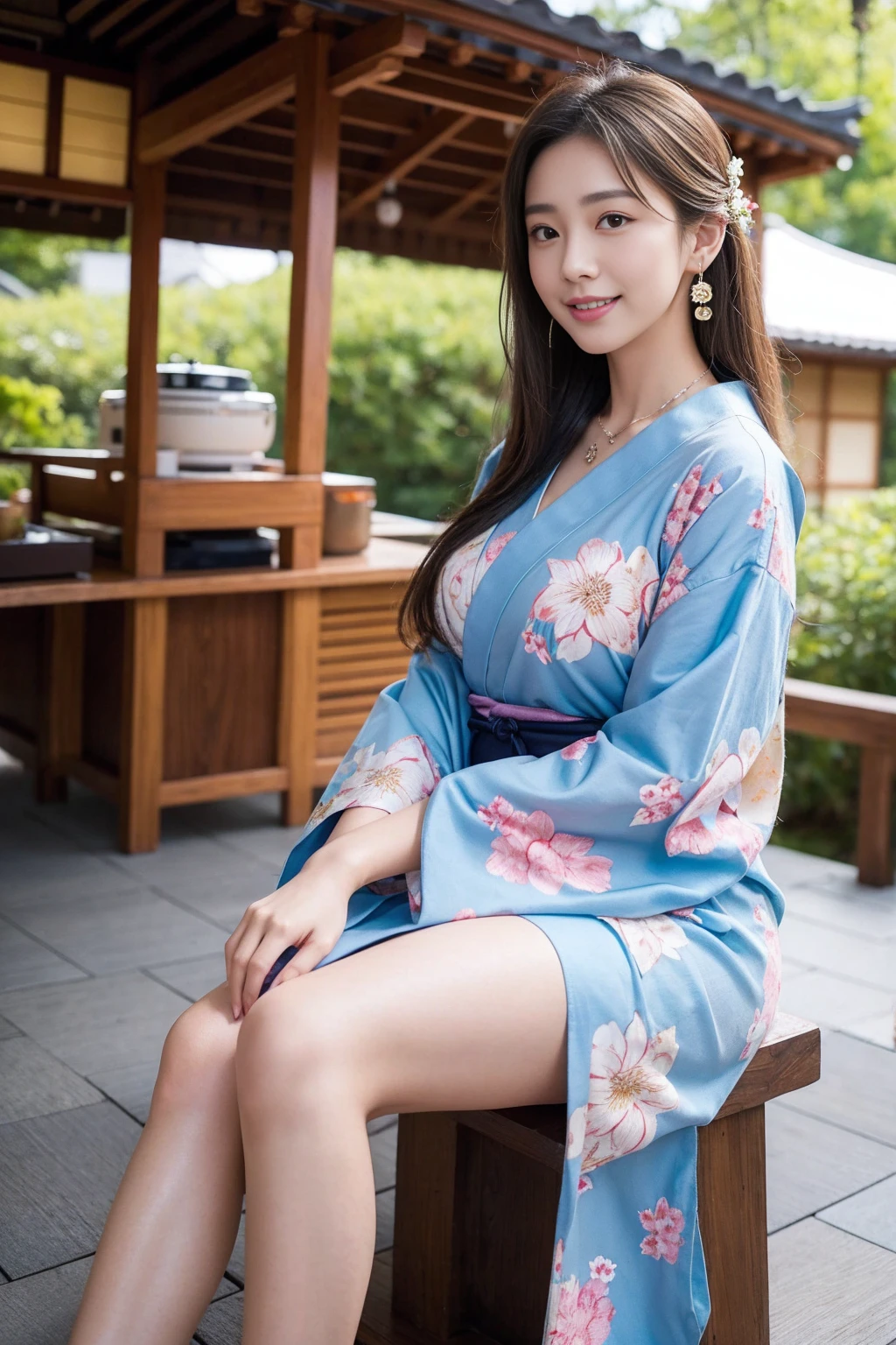 Highest quality,8K, Detailed facial depiction, Detailed description of the eyes,One Woman, Light brown hair(Medium-long hair),Beautiful Japanese Girl,24-years-old,Cute eyes,Cute Smile,Yukata beauty,Yukata with a beautiful floral pattern,Slender body, Large, plump breast size, Long and beautiful legs,Smiling, Colorful earrings,necklace,Are standing,Beautiful nape,Japanese Summer Festivals,There are food stalls