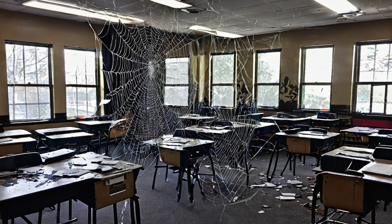 Haunted classroom, broken windows, spiderweb, broken desk, room fill with dyst, scary looking 