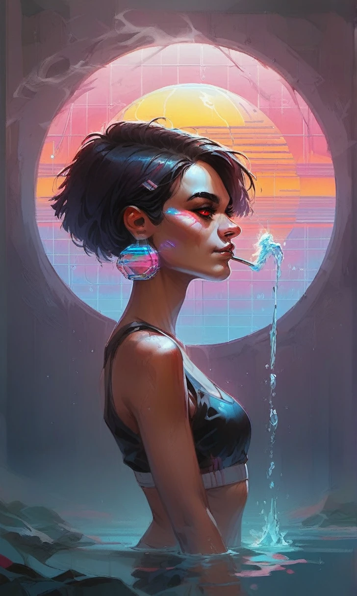 score_9, score_8_up, score_7_up, score_6_up, score_5_up, score_4_up, did vaporwave style, solo, 1girl, female, water, white background, red eyes, simple background, from side, glitching, smoke, in tatters,