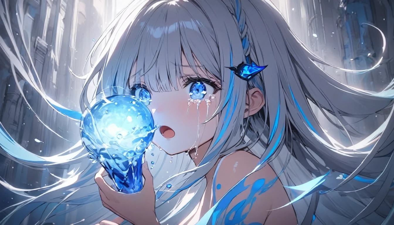 (masterpiece,best quality:1.4),(8k,raw photo,photo realistic:1.2),shiny skin,detailed skin,detailed face,detailed eyes, 1girl,looking at viewer,Japanese idol,extremely beautiful face, (smile), LiquidHair, liquid hair, blue mucus floating around, slime girl, covered in blue slime, (partially transparent), (Wet with water), (blue sweat), Slimy blue liquid dripping from her body. Her hair is also covered in blue slime. blue slime scatters, Blue hair, blue eyes