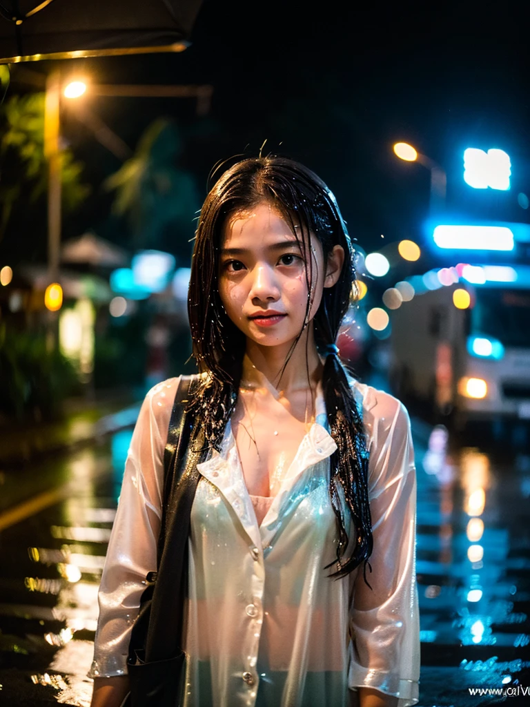songkran,Wet roads , soaked through,drenched, Dripping, Wet Face,Wet clothes, Wet Skin, Wet Hair,A young woman with a cute face like an idol,chest,evening,(Cinema lighting),(High level of artistry),RAW Photos,Genuine,Genuine,High resolution,RAW Photos,masterpiece, beautiful