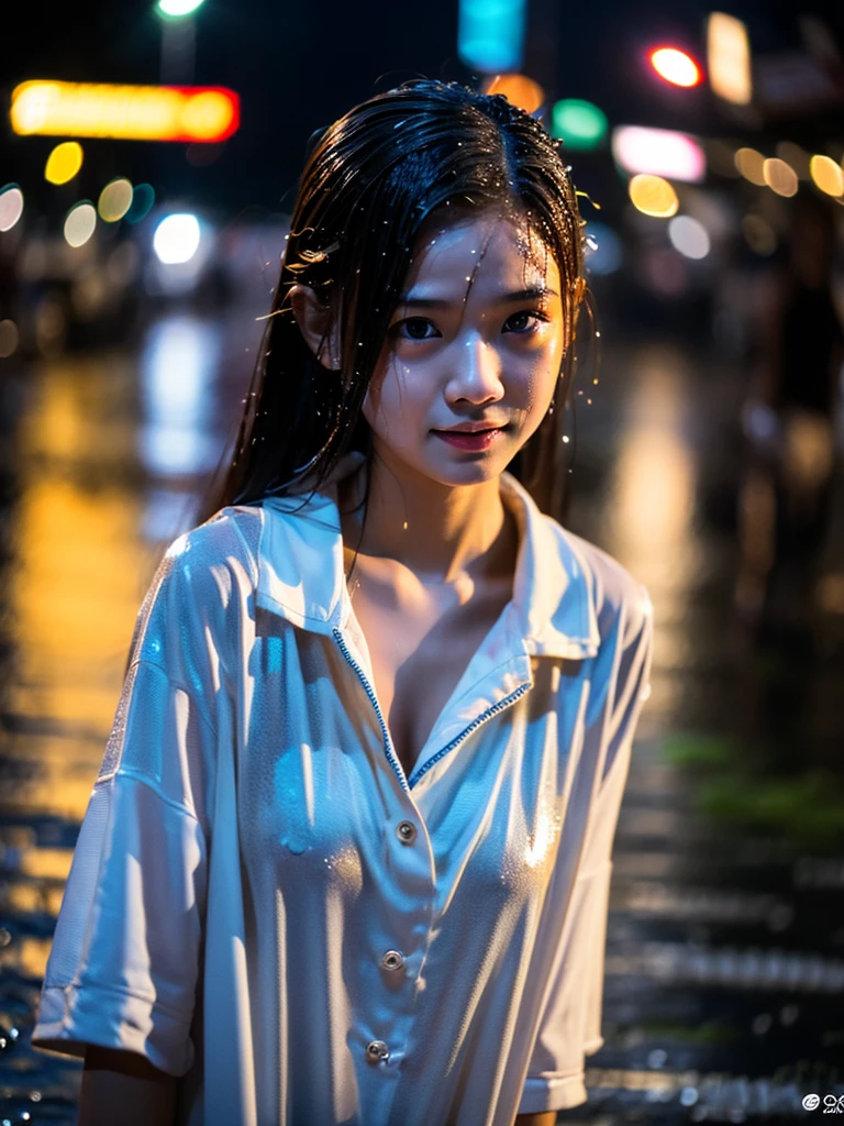songkran,Wet roads , soaked through,drenched, Dripping, Wet Face,Wet clothes, Wet Skin, Wet Hair,A young woman with a cute face like an idol,chest,evening,(Cinema lighting),(High level of artistry),RAW Photos,Genuine,Genuine,High resolution,RAW Photos,masterpiece, beautiful