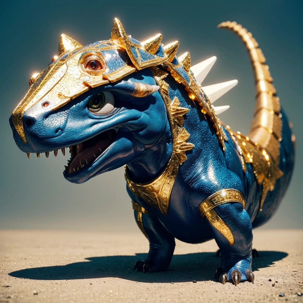 Small Animaly, generate dinosaurus mixed with Crystal, (the skin is gold), has blue stripes on his skin, white eyes, Grassroots, no background,