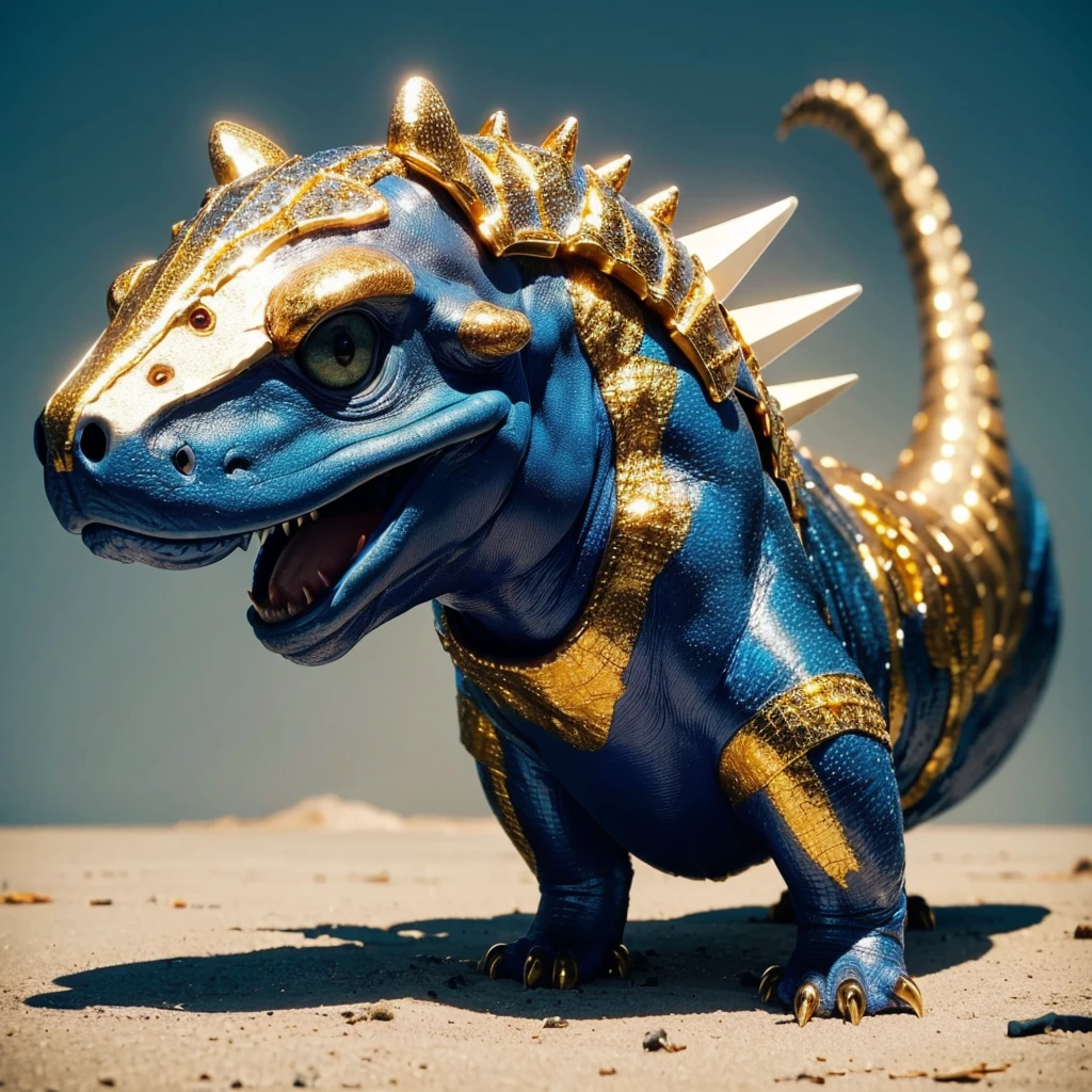 Small Animaly, generate dinosaurus mixed with Crystal, (the skin is gold), has blue stripes on his skin, white eyes, Grassroots, no background,