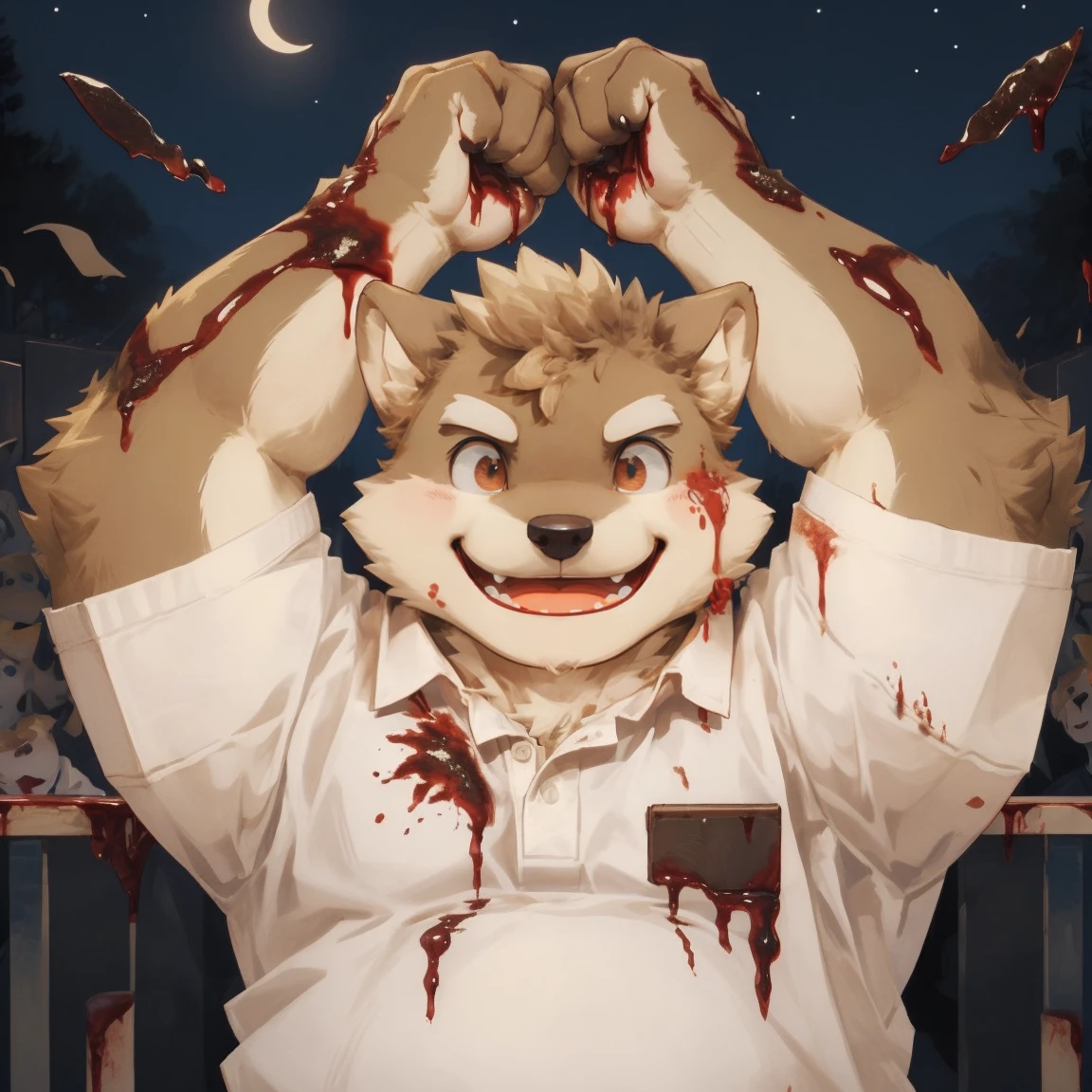 masterpiece, best quality, 8k resolution, Very detailed, hairy,Shiba Inu,(Black hair),(((golden fur))),(((Blood red eyes))),Chubby,Chubby face,(((White shirt))),(((Loose shirt))),((Black pants)),(((For the audience))),Highest quality scene,(((Solitary))),solitary,Upright,portrait,((Hand drooping normally)),((Night)),((bloody)),((Face-to-face)),(((Eyes on me))),(((The eyes are empty))),(((Tilting your head))),(((Round face))),(((Smiling evilly))),(((Blood all over))),(((canvas shoes)))