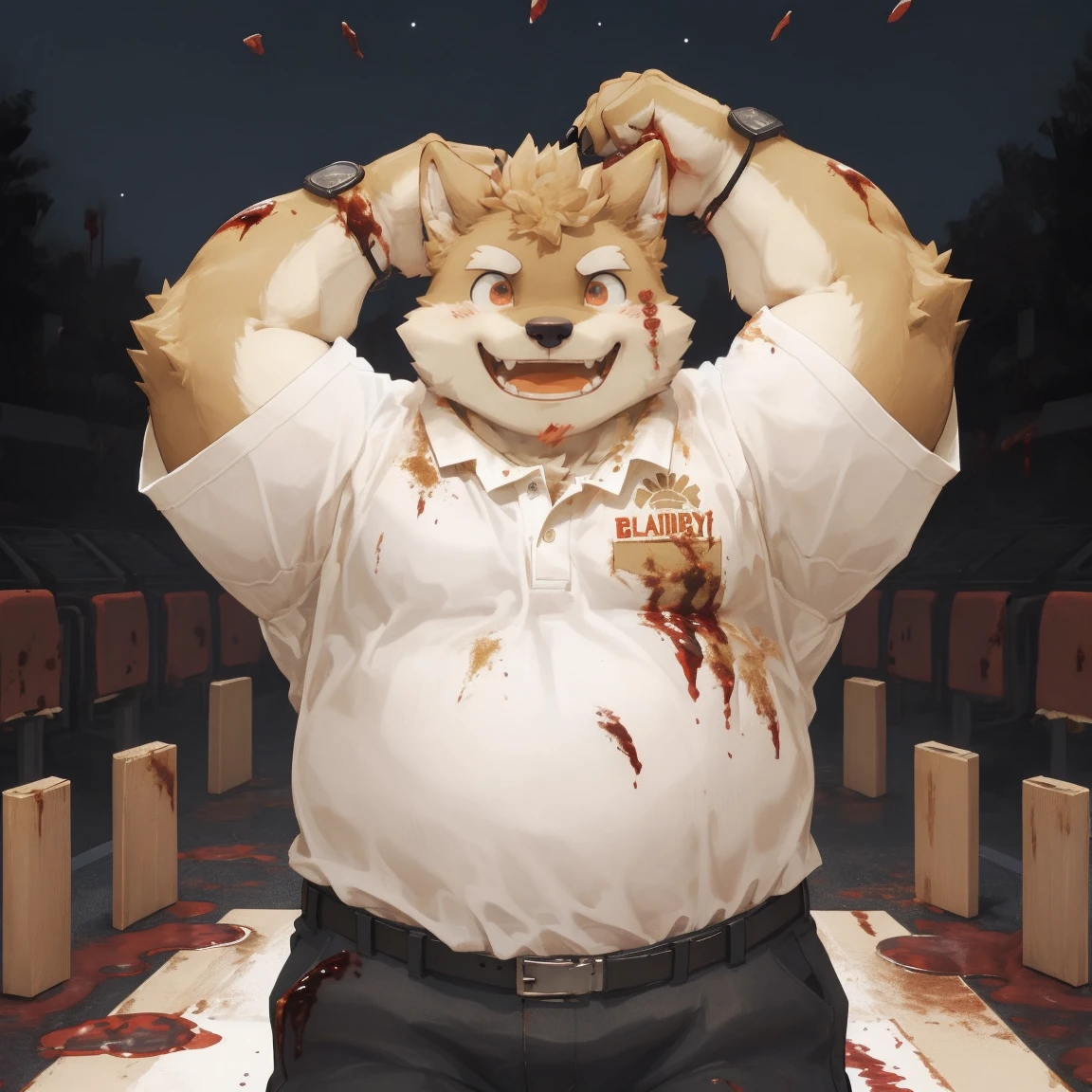 masterpiece, best quality, 8k resolution, Very detailed, hairy，Shiba Inu，(Black hair)，(((golden fur)))，(((Blood red eyes)))，Chubby，Chubby face，(((White shirt)))，(((Loose shirt)))，((Black pants))，(((For the audience)))，Highest quality scene，(((Solitary)))，solitary，Upright，portrait，((Hand drooping normally))，((Night))，((bloody))，((Face-to-face))，(((Eyes on me)))，(((The eyes are empty)))，(((Tilting your head)))，(((Round face)))，(((Smiling evilly)))，(((Blood all over)))，(((canvas shoes)))