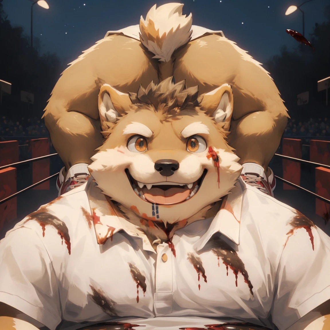 masterpiece, best quality, 8k resolution, Very detailed, hairy,Shiba Inu,(Black hair),(((golden fur))),(((Blood red eyes))),Chubby,Chubby face,(((White shirt))),(((Loose shirt))),((Black pants)),(((For the audience))),Highest quality scene,(((Solitary))),solitary,Upright,portrait,((Hand drooping normally)),((Night)),((bloody)),((Face-to-face)),(((Eyes on me))),(((The eyes are empty))),(((Tilting your head))),(((Round face))),(((Smiling evilly))),(((Blood all over))),(((canvas shoes)))