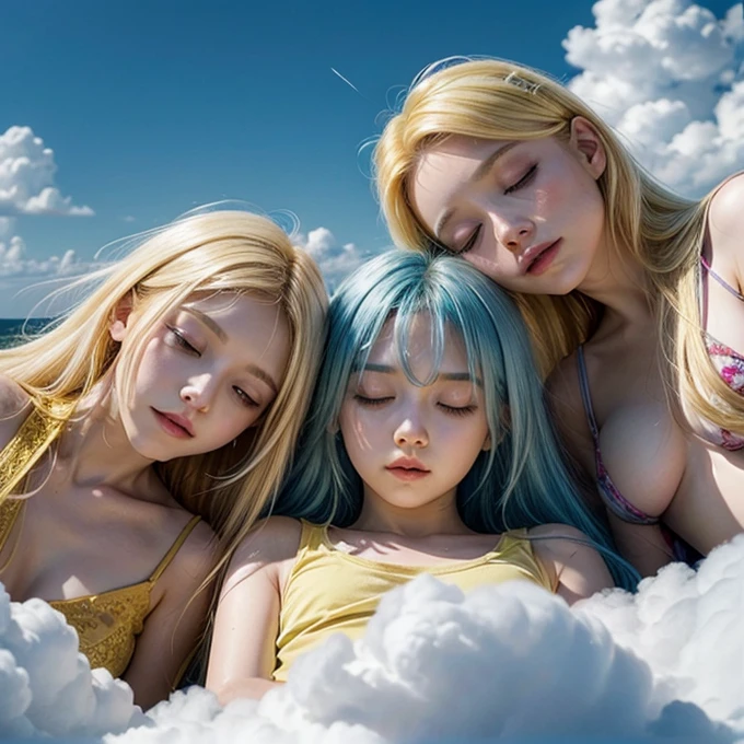 Three angels, long yellow hair, short yellow hair, blue hair, sleeping on a cloud