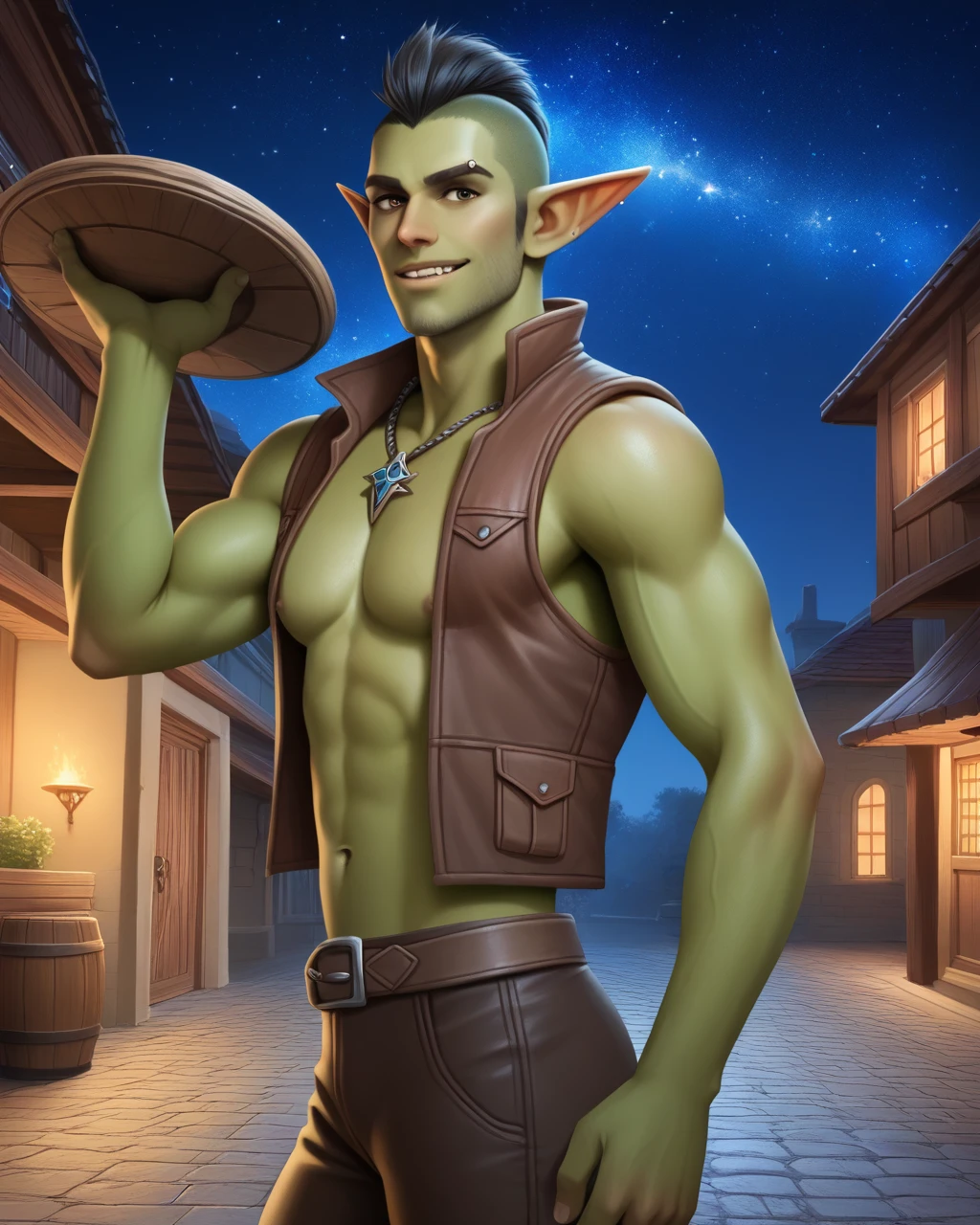 score_9, score_8_up, score_7_up, intricately detailed, fantasy setting, 
1boy(goblin rogue:2, green skin, black mohawk, handsome, slender, bare chest, open vest, piercings, simple leather necklace with simple arrowhead pendant, looking at the viewer, friendly expression, walking along a narrow alley in a medieval fantasy city, solo, cowboy shot), night, moonlit, starry sky, partial side view, 
