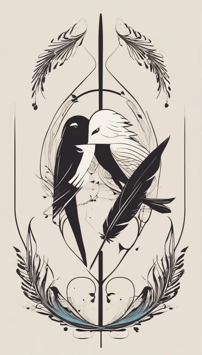 Create a symmetrial, abstract logo of two birds and a boy guitarist. As a symbol, create a feather as the special symbol for a creative brand called " Penamemoria". The logo should represent the companionship between a boy musician, A Storyteller Fantasy Bird and a Dreamy Feather. Minimalist symbol design