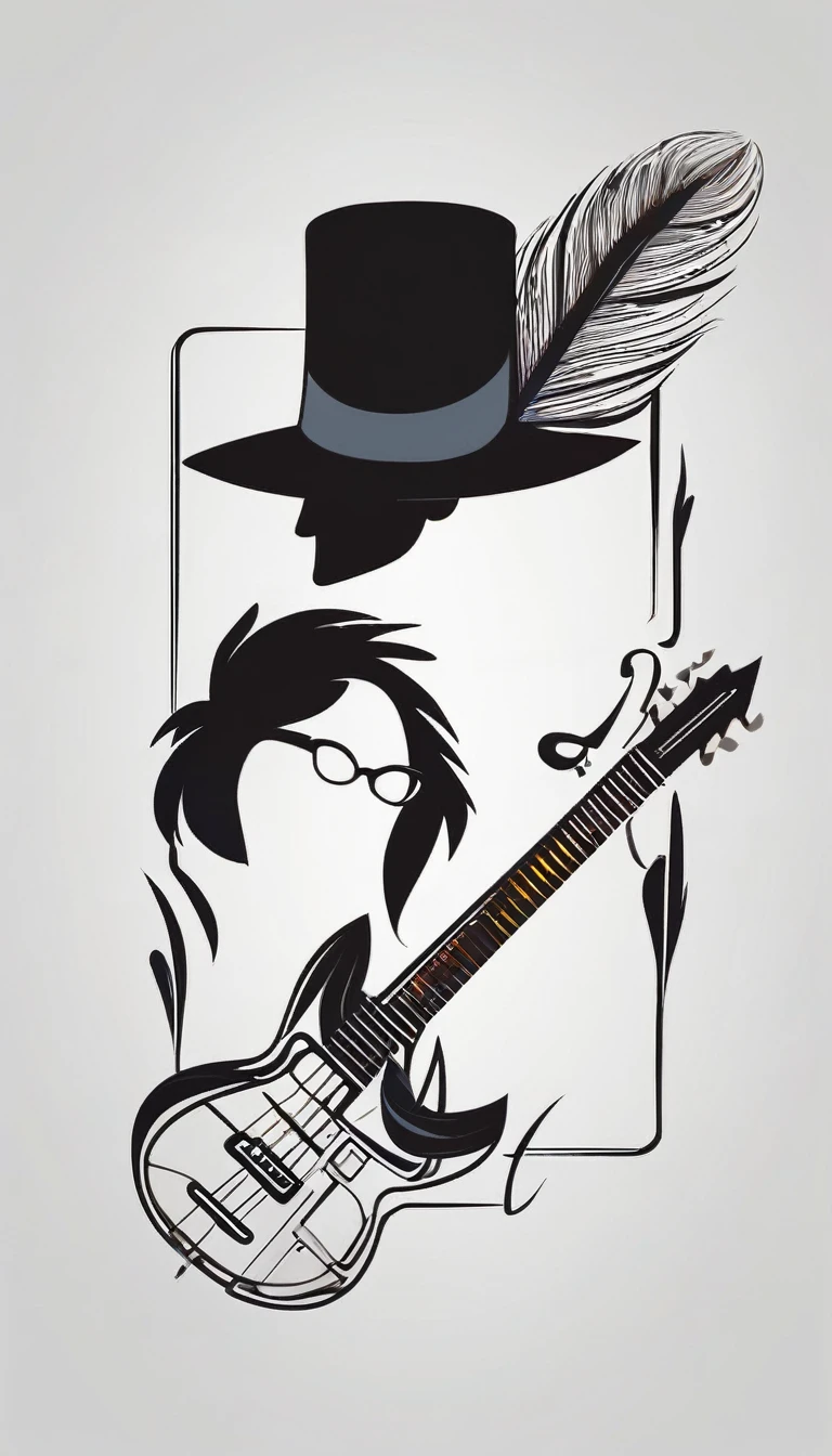 Create a symmetrial, abstract logo of two birds and a boy guitarist. As a symbol, create a feather as the special symbol for a creative brand called " Penamemoria". The logo should represent the companionship between a boy musician, A Storyteller Fantasy Bird and a Dreamy Feather. Minimalist symbol design
