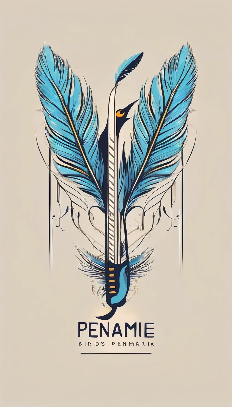Create a symmetrial, abstract logo of two birds and a boy guitarist. As a symbol, create a feather as the special symbol for a creative brand called " Penamemoria". The logo should represent the companionship between a boy musician, A Storyteller Fantasy Bird and a Dreamy Feather. Minimalist symbol design