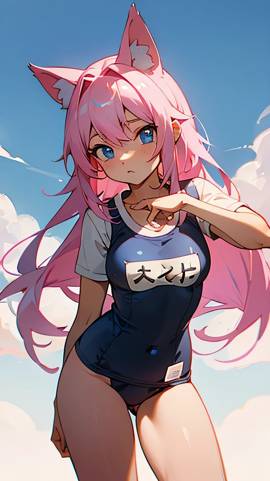 , pink head, blue eyes, wolf pig, wearing a school swimsuit. Facing straight