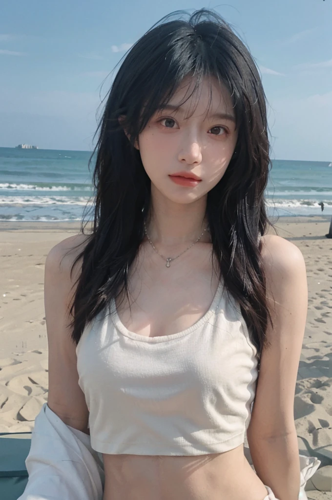 Best quality，Ultra-high resolution，（lifelike：1.4），Cute hairpin，1girll，Long curly hair，jk，Blush，Slim beauty：1.4，Visible abdominal muscles，on the beach，Ultra-fine face，Exquisite eyes，Double eyelids，necklace