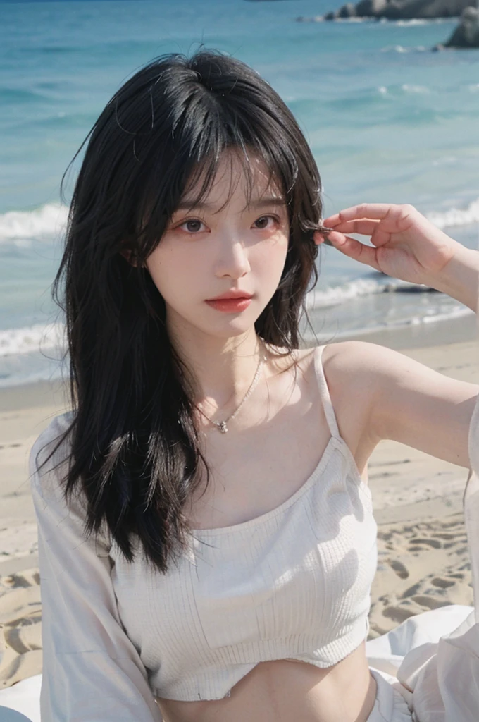 Best quality,Ultra-high resolution,(lifelike:1.4),Cute hairpin,1girll,Long curly hair,jk,Blush,Slim beauty:1.4,Visible abdominal muscles,on the beach,Ultra-fine face,Exquisite eyes,Double eyelids,necklace