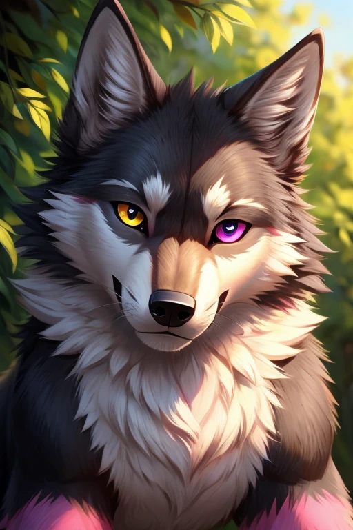 Male wolf black and gray fur and have one purple eye and one yellow eye ,have little pink fur 