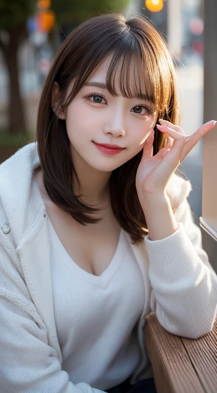 Tabletop, Highest quality, figure, Super detailed, In detail, High resolution, 8k wallpaper, Perfect dynamic composition, Beautiful attention to detail, Cold winter clothes,Medium Hair,Small breasts Natural color Lips, Bold sexy pose,smile,Harajuku、20-year-old girl、cute、sexy shot looking at camera,Narrow Face,Perfect beautiful face and fingers