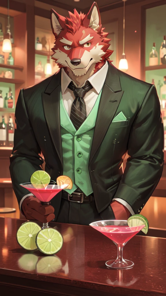 Best quality, diederich olsen (/knights college/), wolf, kemono, nj5furry, Red Fur, Red eyes, Medium Muscular Body, Solo, A charming bartender, elegant Pose, suit, Fierce eyes, Smille, a dimly lit bar, (meticulously garnishing a Cosmopolitan cocktail with a twist of lime peel and a sprig of mint:1.5), behind the counter, full body