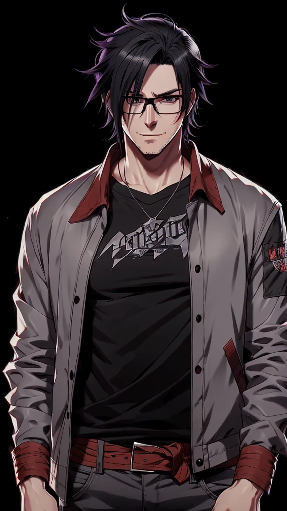 A man, medium long black hair, wearing glasses, scars on his face,  purple eyes, red bandana on his neck, grey shirt, casual jacket, black belt, black pants, concept art, concept art, anime, anime