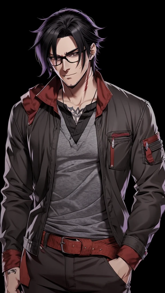 A man, medium long black hair, wearing glasses, scars on his face,  purple eyes, red bandana on his neck, grey shirt, casual jacket, black belt, black pants, concept art, concept art, anime, anime