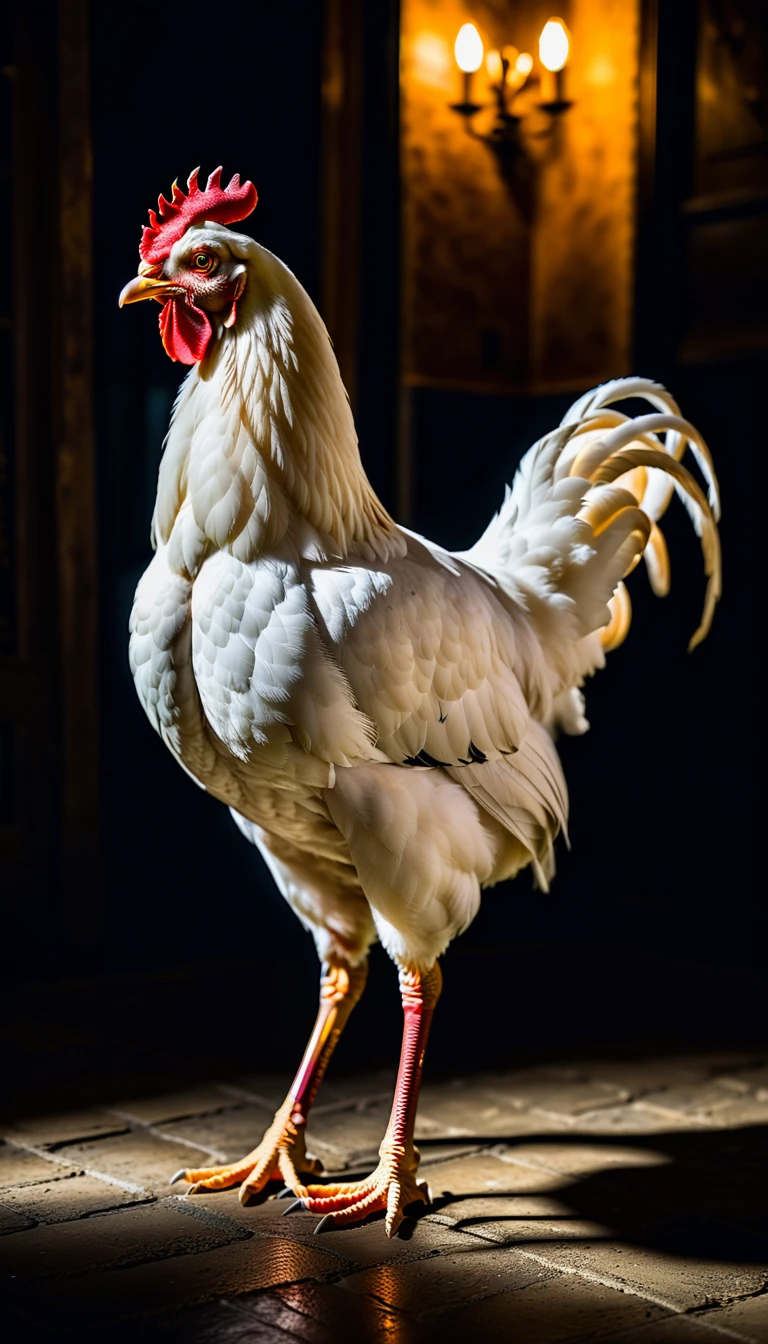 a white chicken is stand in darkness, in the style of nikon d850, fauvism precursor, golden light, southern gothic-inspired, sony fe 85mm f/1.4 gm, white and red, playful expressions --ar 128:85 --v 6.0 --style raw