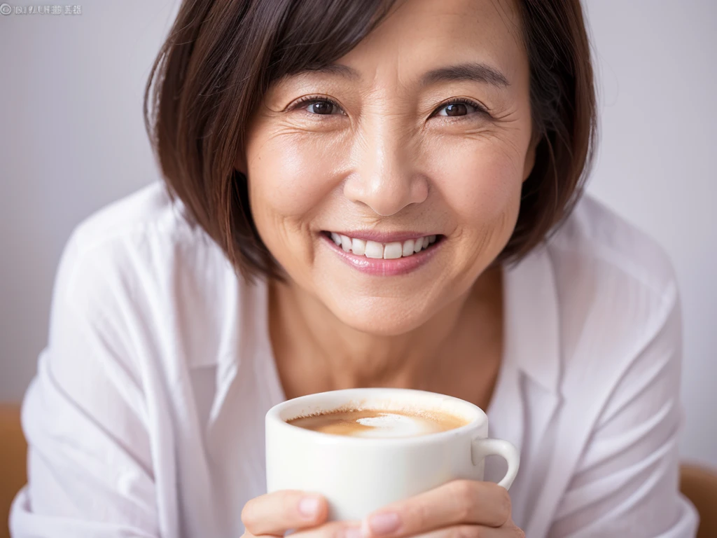 (Highest quality、8K、32k、masterpiece)、White background、40s、Black short hair、Wrinkles、Japanese、naughty smile、coffee