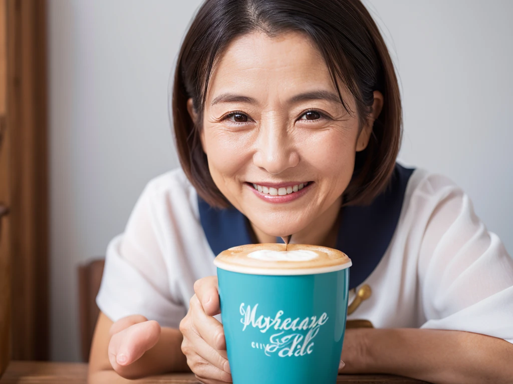 (Highest quality、8K、32k、masterpiece)、White background、40s、Black short hair、Wrinkles、Japanese、naughty smile、coffee