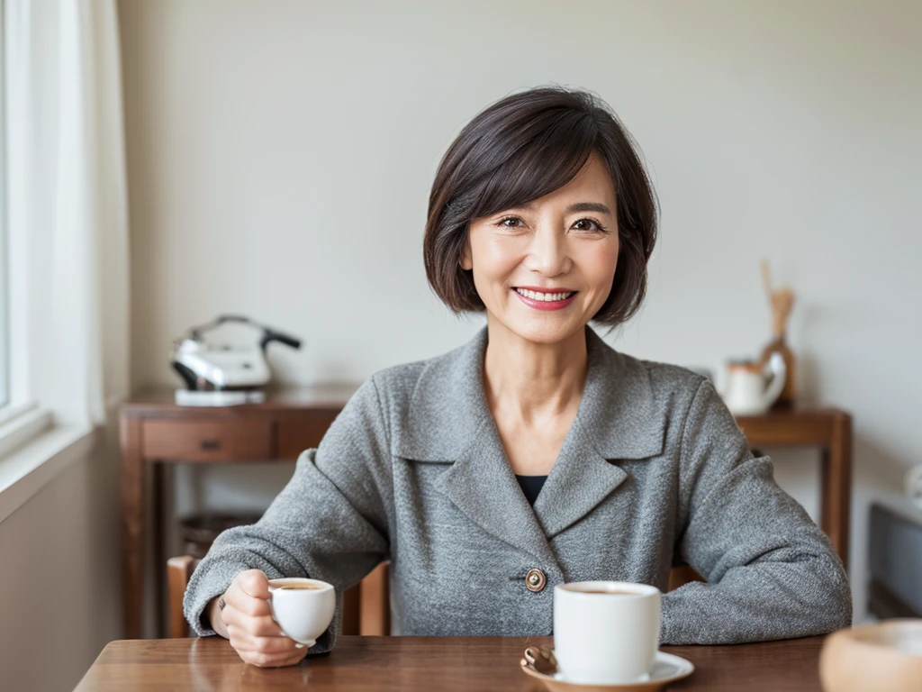 (Highest quality、8K、32k、masterpiece)、White background、40s、Black short hair、Wrinkles、Japanese、naughty smile、coffee