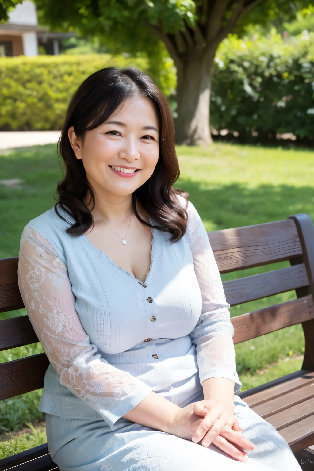 最high quality, In 8K, Masseter region, real, Sharp focus, high quality, High resolution, Detailed face, Fine grain, Thick lips, Background Blur, alone, Full body photography, Middle-aged women, , 65 years old, , Wavy Hair, Cleavage, Wearing a plain short-sleeved knit, Sitting on a park bench, Wrinkles around the eyes, Smiling with teeth showing