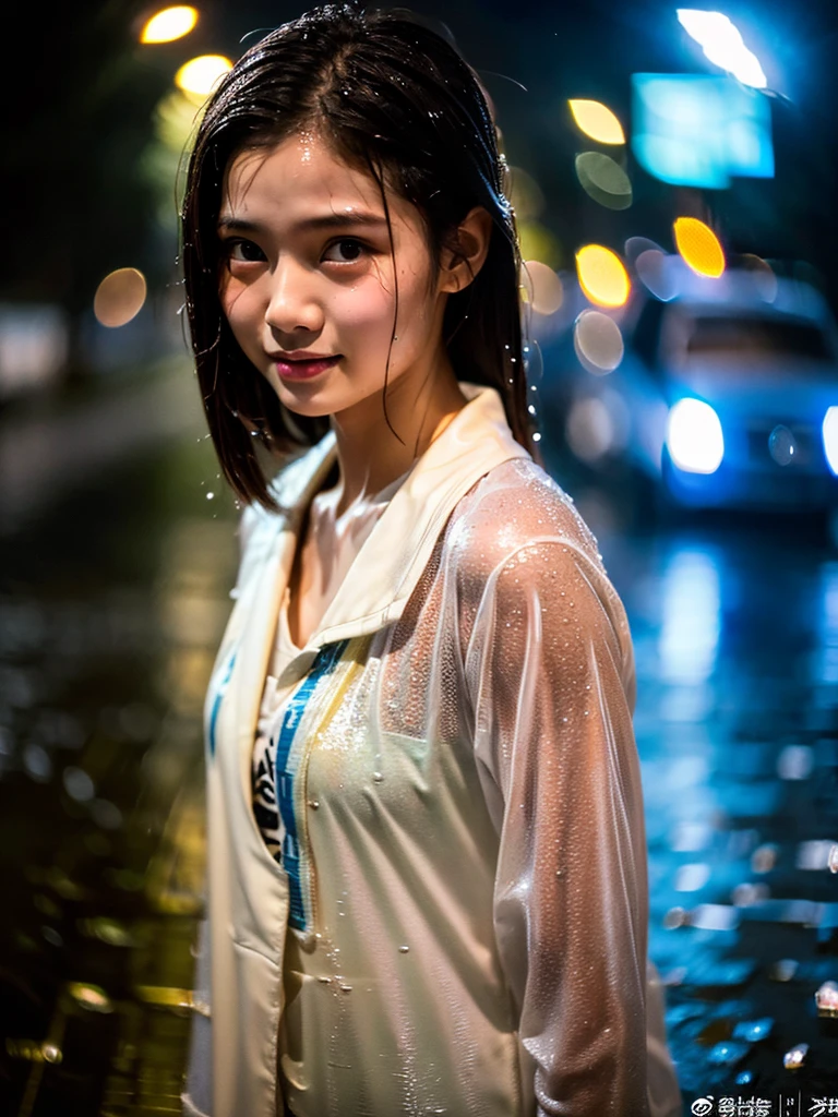 songkran,Wet roads , soaked through,drenched, Dripping, Wet Face,Wet clothes, Wet Skin, Wet Hair,A young woman with a cute face like an idol,chest,(evening),(Cinema lighting),(High level of artistry),RAW Photos,Genuine,Genuine,High resolution,RAW Photos,masterpiece, beautiful