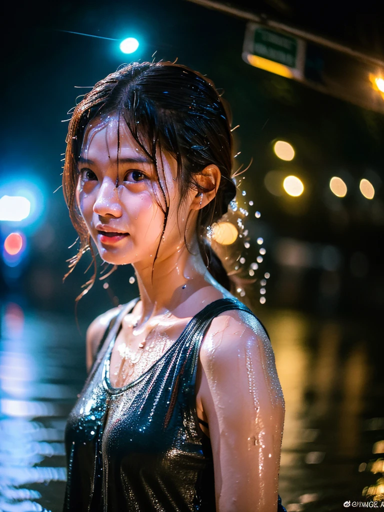 songkran,Wet roads , soaked through,drenched, Dripping, Wet Face,Wet clothes, Wet Skin, Wet Hair,A young woman with a cute face like an idol,chest,(evening),(Cinema lighting),(High level of artistry),RAW Photos,Genuine,Genuine,High resolution,RAW Photos,masterpiece, beautiful