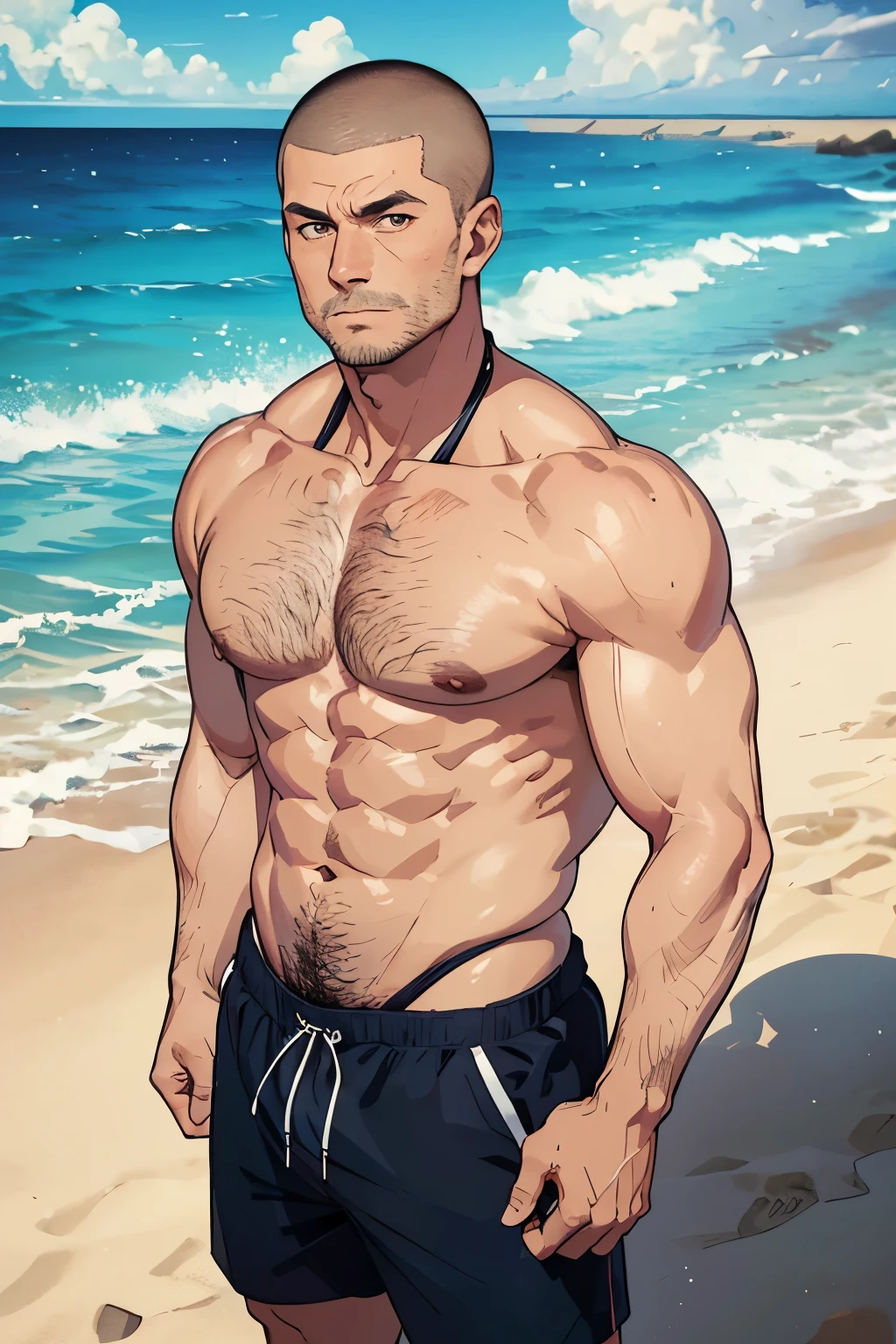 A 46 year old middle-aged man on the beach、((Swimsuit))、((chest hair))、)、,Short Hair、((buzzcut))、A little muscular、、((Masculine))、Detailed facial expressions、(masterpiece),Highest quality,Excellent anatomy、