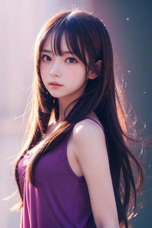 (anime),(cute)(masterpiece), (Highest quality),One girl,Upper Body,(Double exposure:1.2),(Simple Background:1),Bold、clear、PURPLE-Red、Time、Natural、Clear、Turn、 (Movie angle),(Dynamic Angle),Disheveled long hair,(Low contrast),(Flat Color:0.7)
