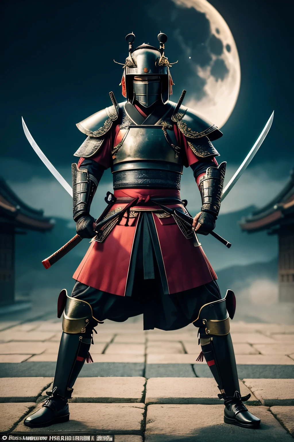 A 35-year-old samurai clad in an impeccably polished black armor, he wields a gleaming sword with precision. The backdrop is a fiery tableau of an ancient Japanese city, its flames casting dancing reflections upon the samurai's brilliant armor, intertwined with the silvery glow of the moon.

This captivating scene is a meticulously crafted portrait, not just of a samurai, but of an era, photographed by the masterful hand of a skilled photographer using a Canon EOS R5 with a 50mm Lens, F/2.8 settings. The image is remarkably detailed,