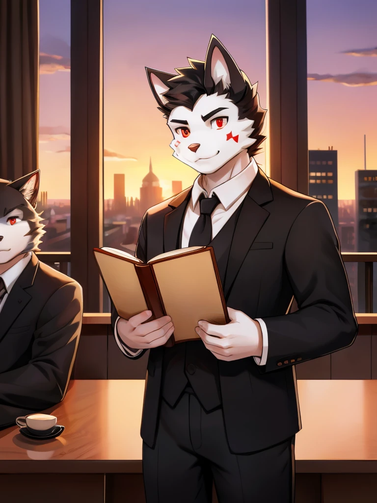 Cat Boy,youth,hairy,Black hair,White fur,Red eyes,White ears with two black stripes,Black star pattern on right cheek,Black suit,Black trousers,Holding a magic book,Cafe,Drinking coffee,City sunset