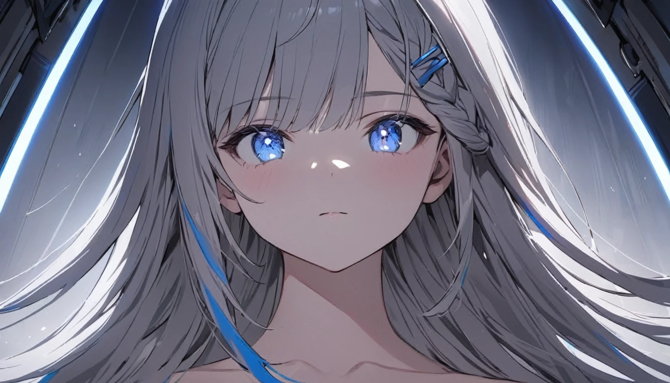 Resolution full, nude, only eyes, only showing eyes, focus eyes, focus at girl eyes, just girl face, very accurate, best quality, masterpiece,  cinematic lighting, full HD, very sharpener, best art, very accurate, beautiful girl, pretty girl, cute girl, young girl, close mouth, top body, (grey hair), long hair, Braid hair, ahoge hair, straight hair, straight hair bangs, beautiful hair and bangs hair, grey hair, hair clip, hair ribbon, (bright blue eyes, glowing blue, eyes, detailed beautiful blue eyes)