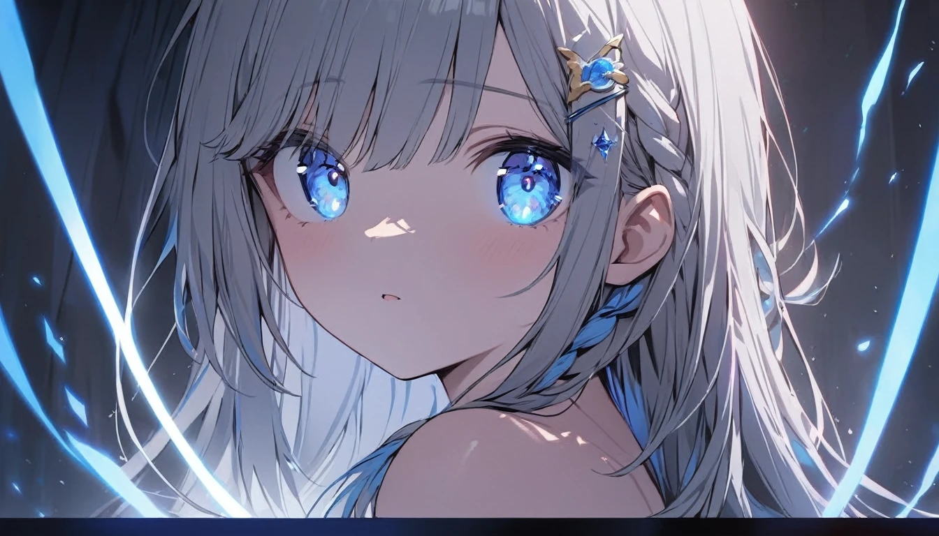 Resolution full, nude, only eyes, only showing eyes, focus eyes, focus at girl eyes, just girl face, very accurate, best quality, masterpiece,  cinematic lighting, full HD, very sharpener, best art, very accurate, beautiful girl, pretty girl, cute girl, young girl, close mouth, top body, (grey hair), long hair, Braid hair, ahoge hair, straight hair, straight hair bangs, beautiful hair and bangs hair, grey hair, hair clip, hair ribbon, (bright blue eyes, glowing blue, eyes, detailed beautiful blue eyes)